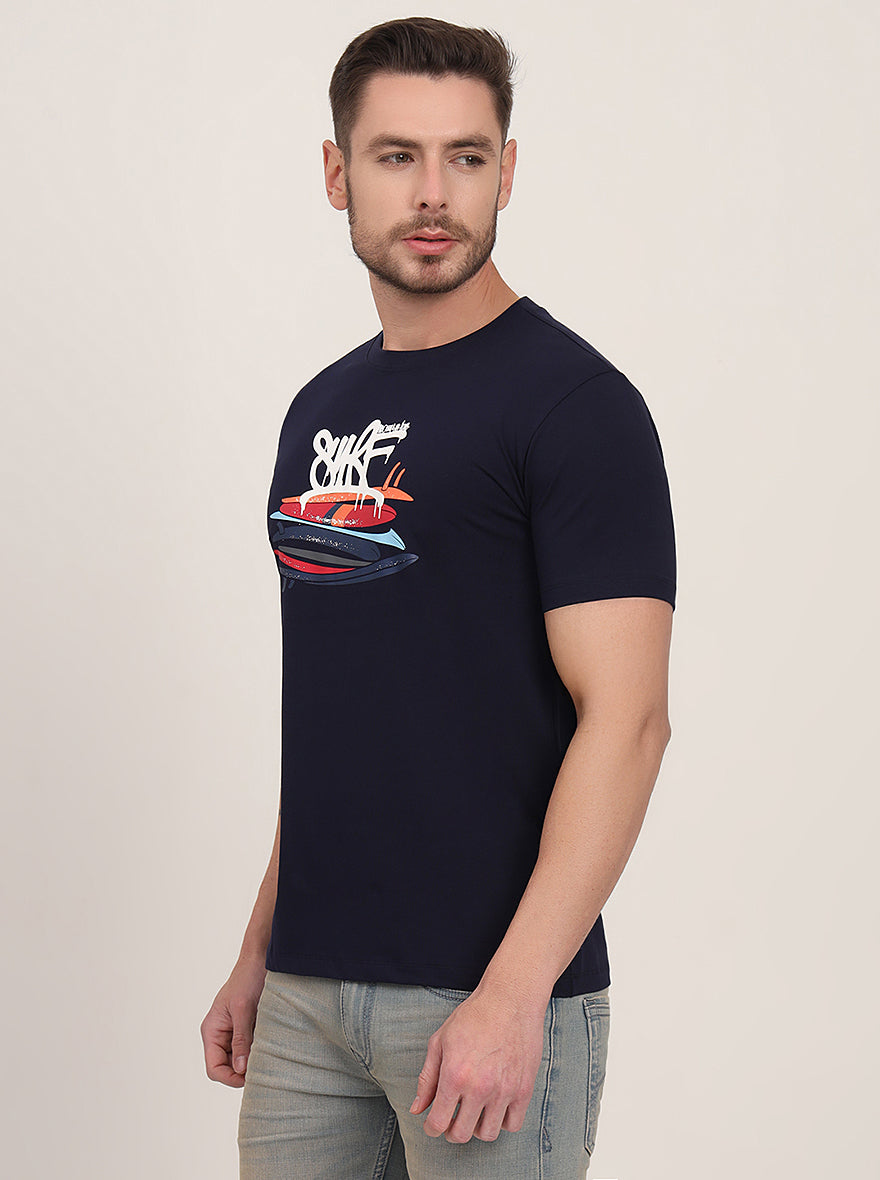 Navy Blue Printed Slim Fit T-Shirt | JadeBlue