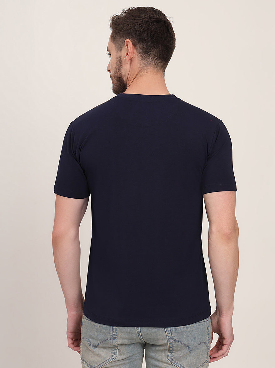 Navy Blue Printed Slim Fit T-Shirt | JadeBlue