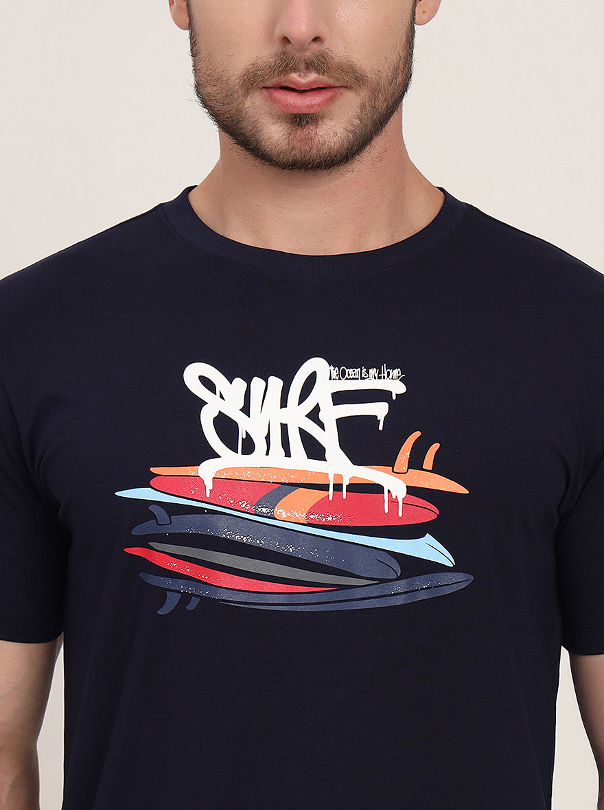 Navy Blue Printed Slim Fit T-Shirt | JadeBlue