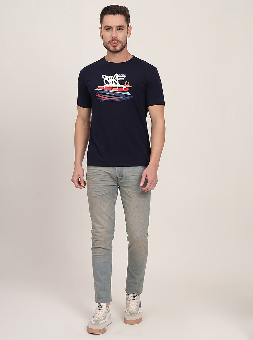 Navy Blue Printed Slim Fit T-Shirt | JadeBlue