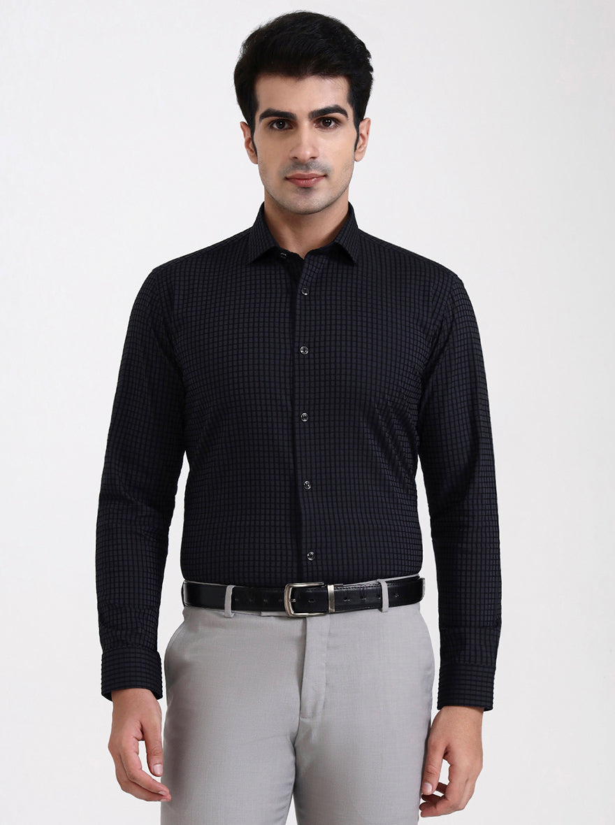Dark Grey Checked Slim Fit Party Wear Shirt | Greenfibre