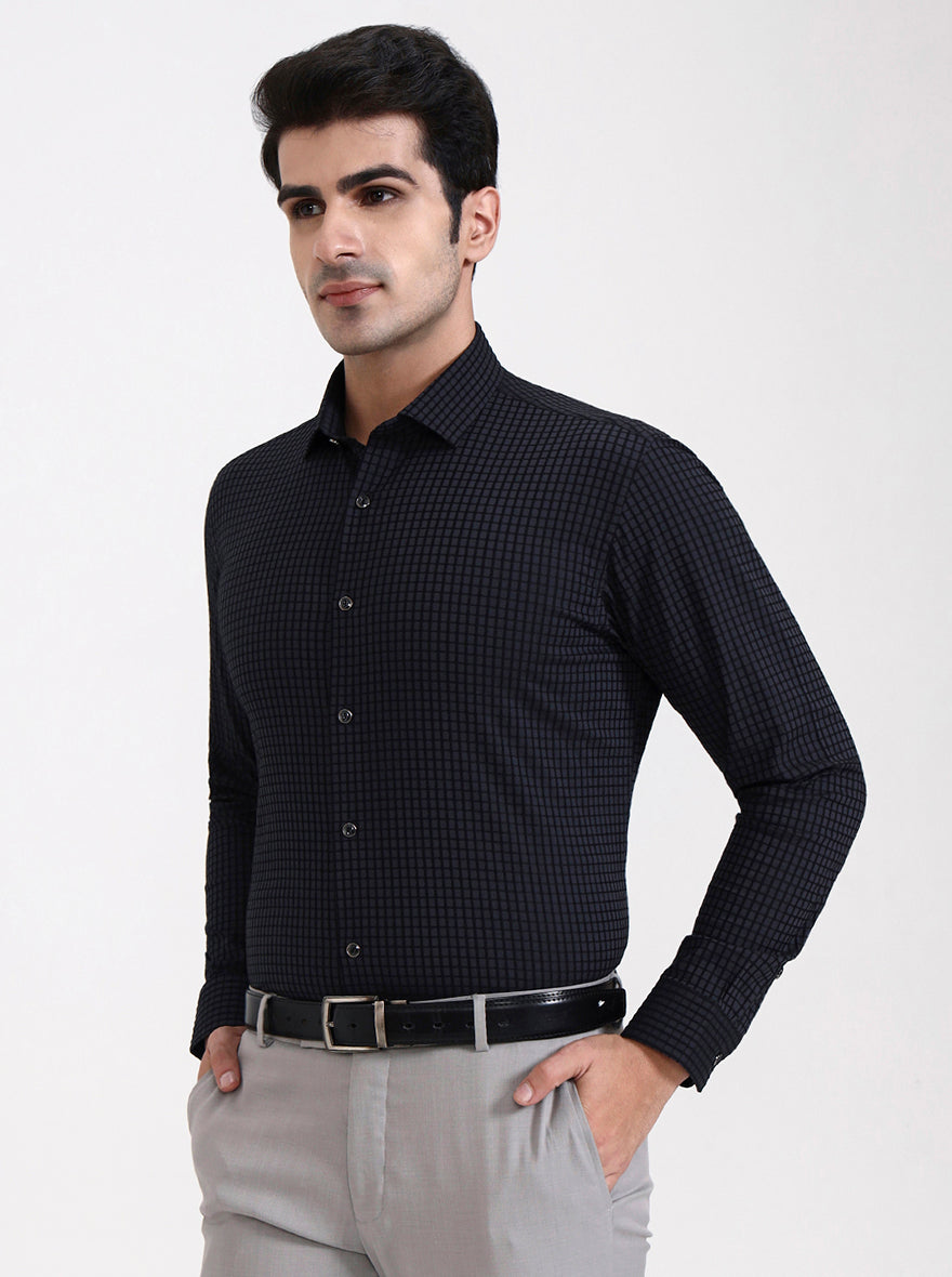 Dark Grey Checked Slim Fit Party Wear Shirt | Greenfibre