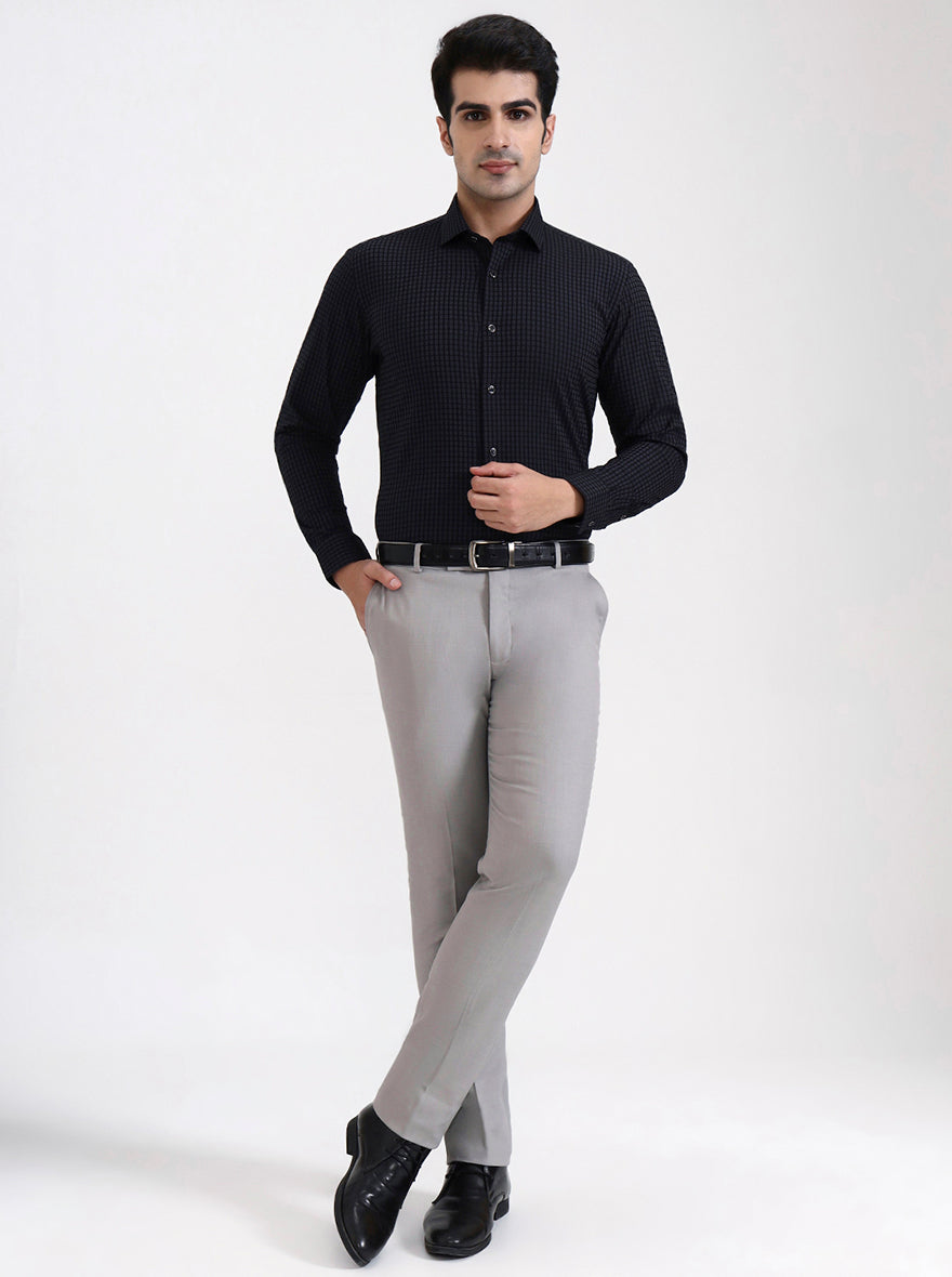 Dark Grey Checked Slim Fit Party Wear Shirt | Greenfibre