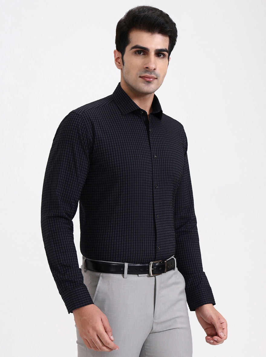 Dark Grey Checked Slim Fit Party Wear Shirt | Greenfibre