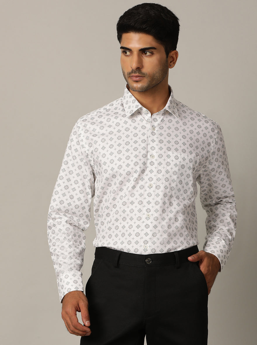 White Printed Regular Fit Formal Shirt | JadeBlue