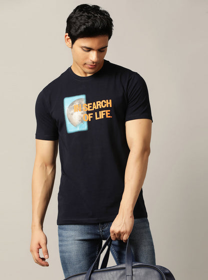 Navy Blue Printed Slim Fit T-Shirt | JadeBlue