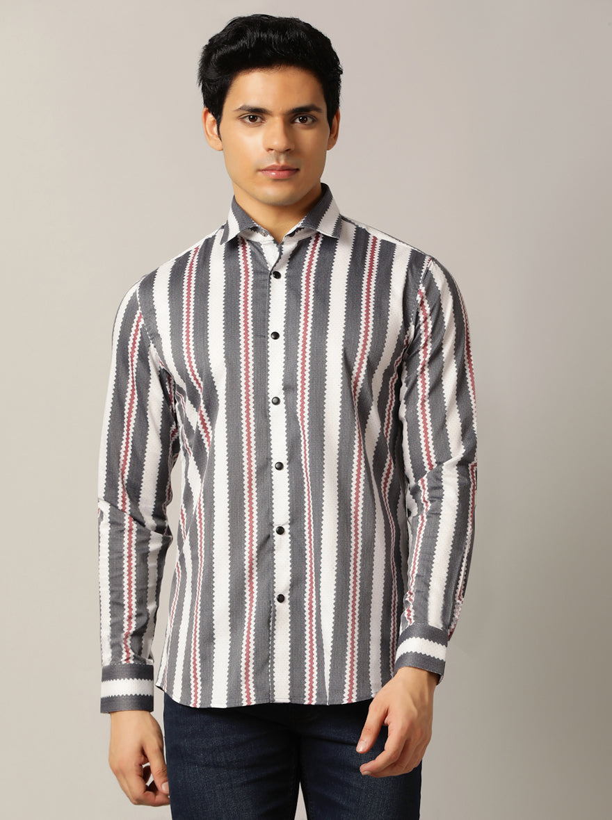 Grey Striped Slim Fit Party Wear Shirt | JB Studio