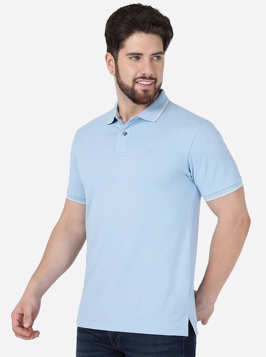 Light Blue Solid Slim Fit Polo T-Shirt | Greenfibre