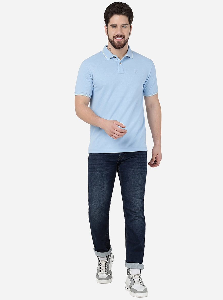 Light Blue Solid Slim Fit Polo T-Shirt | Greenfibre