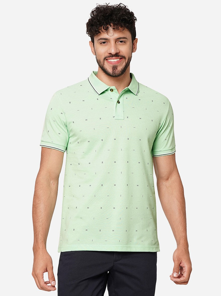 Green Printed Slim Fit Polo T-Shirt | Greenfibre