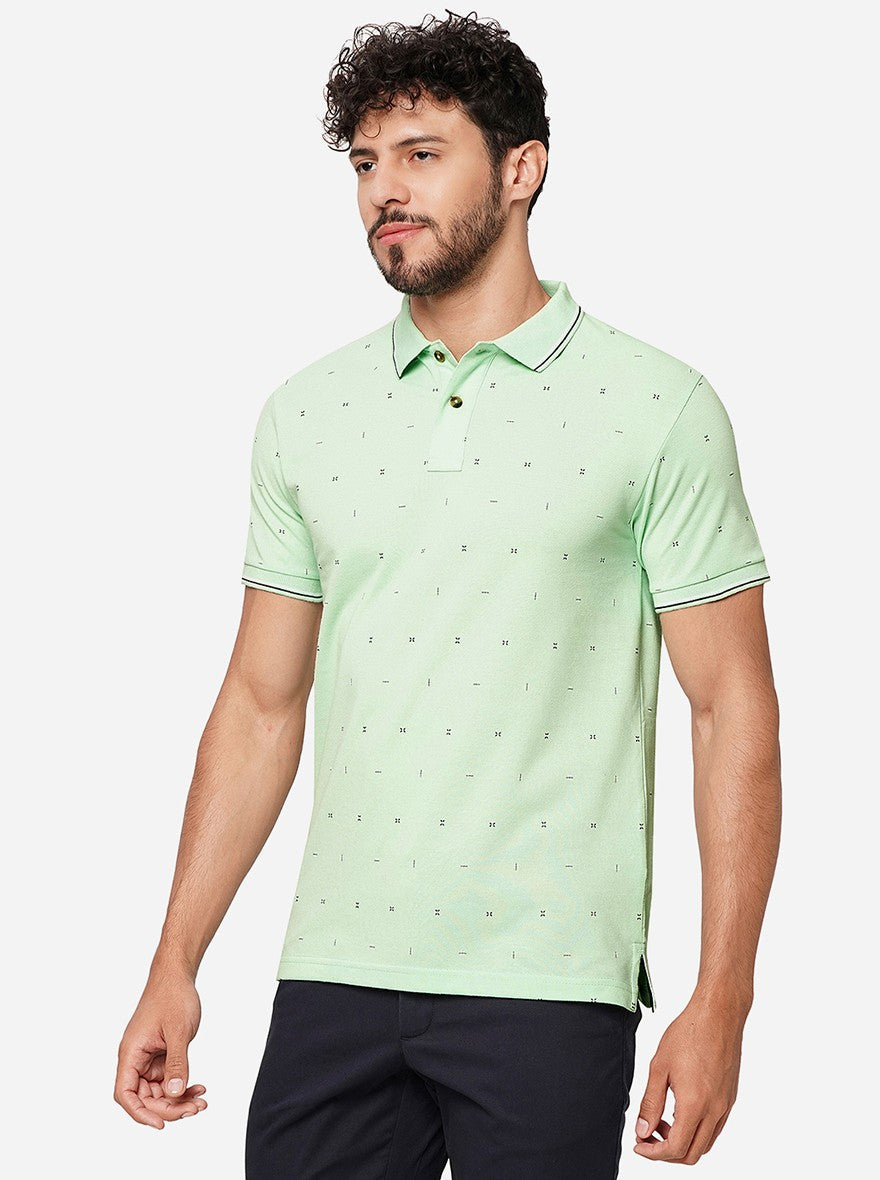 Green Printed Slim Fit Polo T-Shirt | Greenfibre