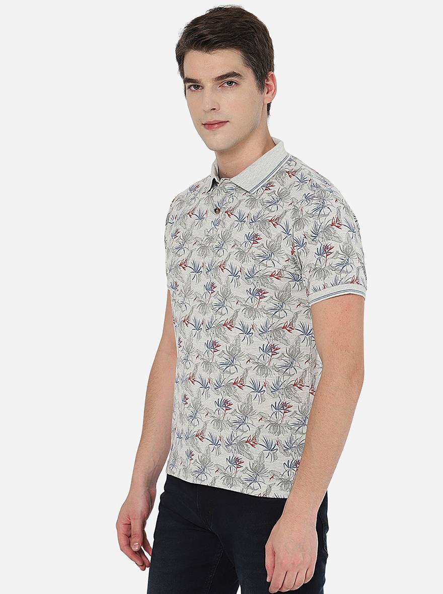 Ecru Melange Printed Slim Fit Polo T-Shirt | Greenfibre