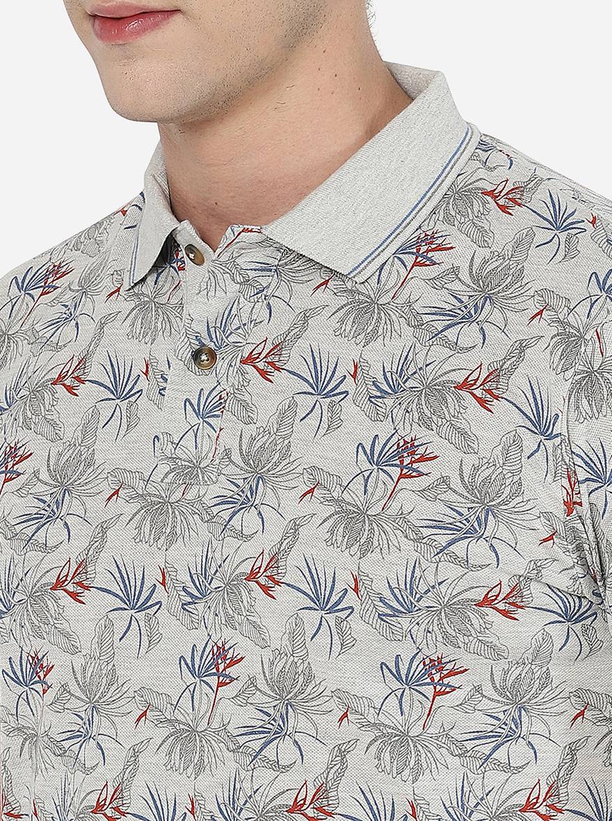 Ecru Melange Printed Slim Fit Polo T-Shirt | Greenfibre