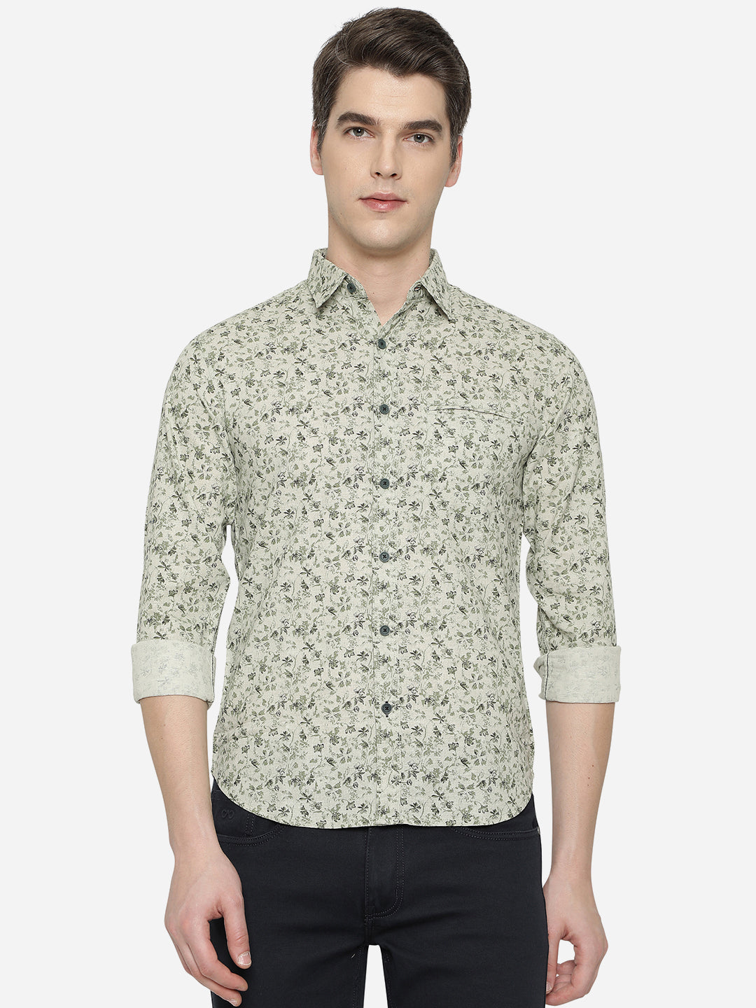 Moss Grey Printed Slim Fit Semi Casual Shirt | Greenfibre