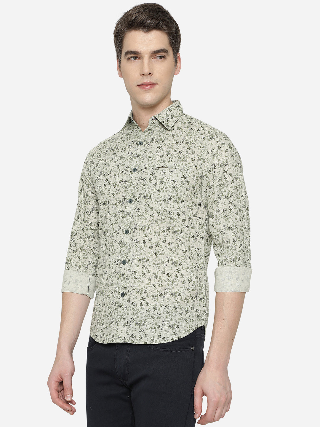 Moss Grey Printed Slim Fit Semi Casual Shirt | Greenfibre