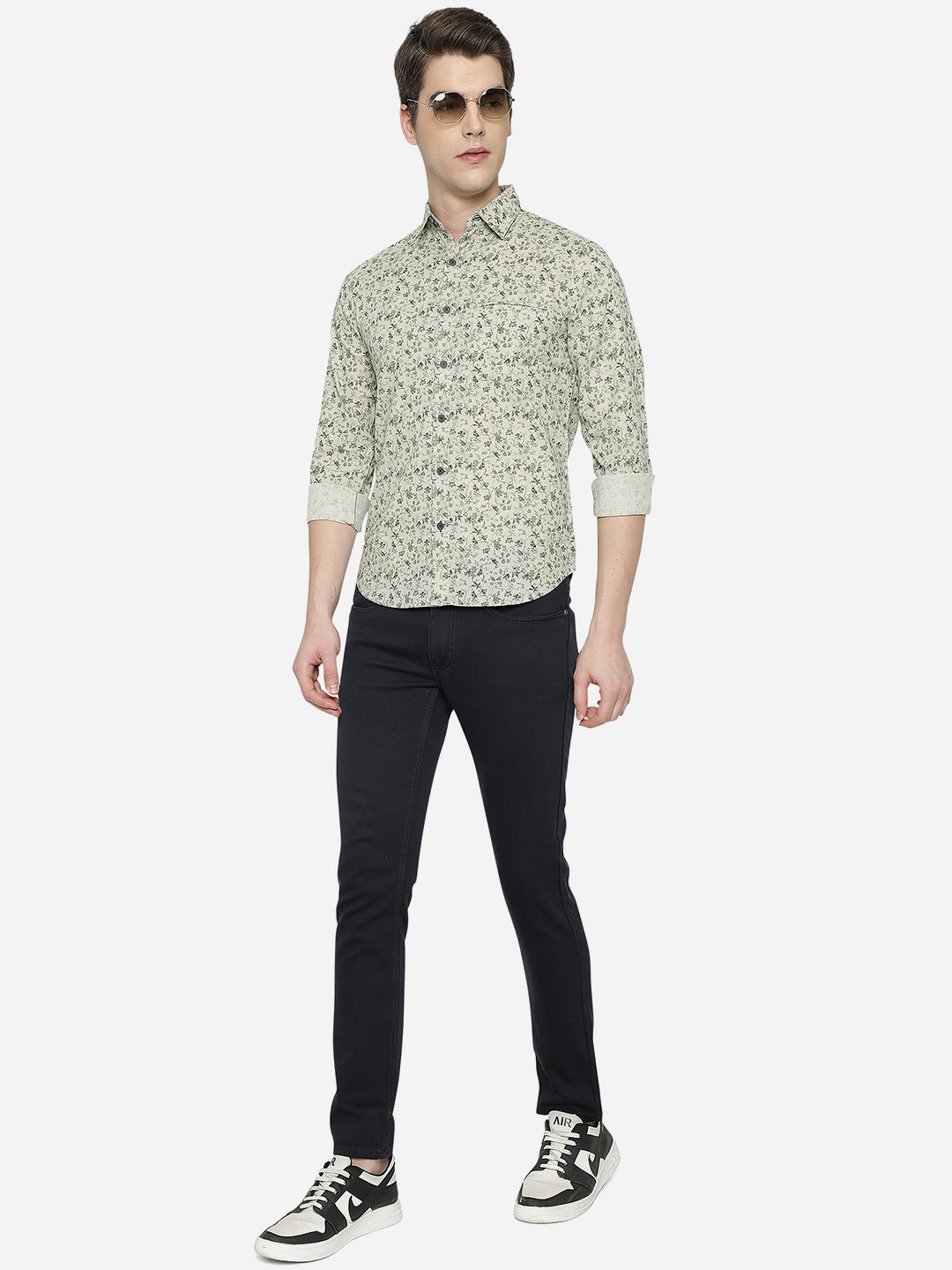 Moss Grey Printed Slim Fit Semi Casual Shirt | Greenfibre