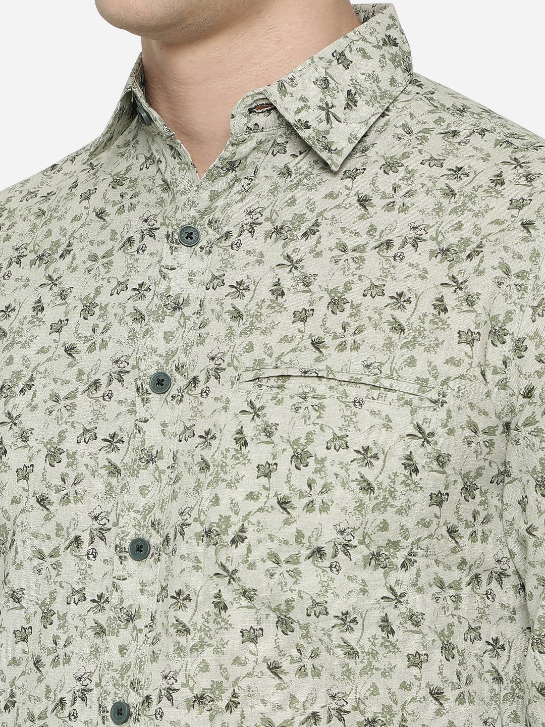 Moss Grey Printed Slim Fit Semi Casual Shirt | Greenfibre