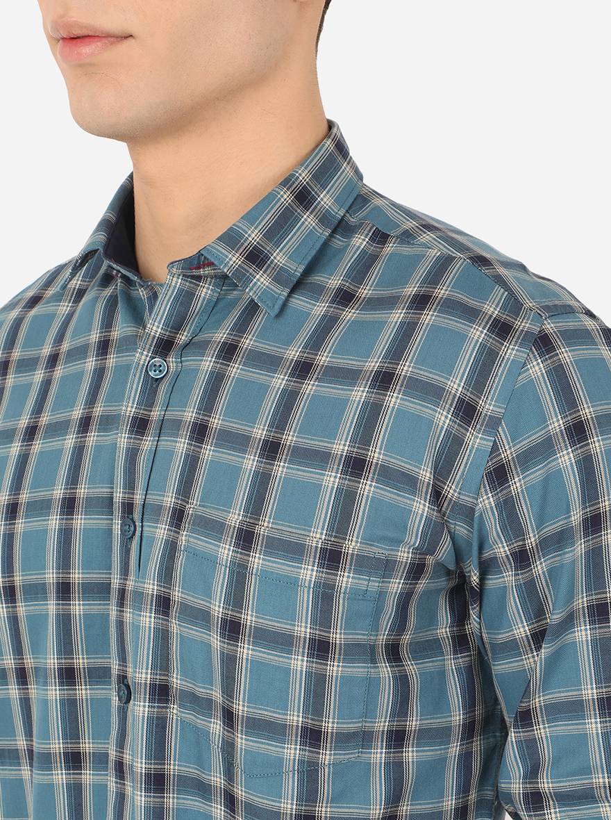 Pacific Blue Checked Slim Fit Casual Shirt | Greenfibre