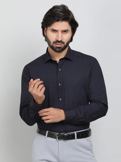 Navy Blue Solid Slim Fit Formal Shirt | Greenfibre