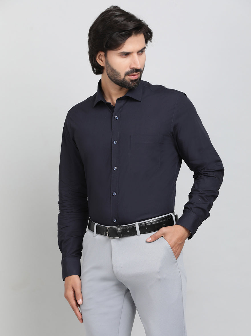 Navy Blue Solid Slim Fit Formal Shirt | Greenfibre