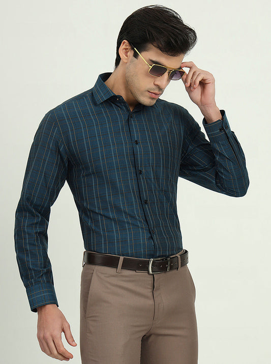 Navy Blue Checked Regular Fit Formal Shirt | Greenfibre