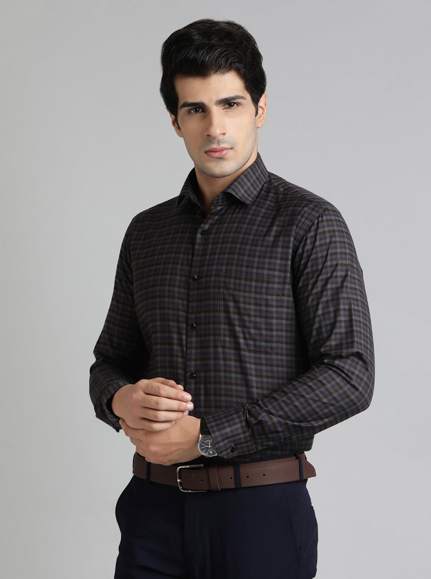 Brown & Blue Checked Slim Fit Formal Shirt | Greenfibre