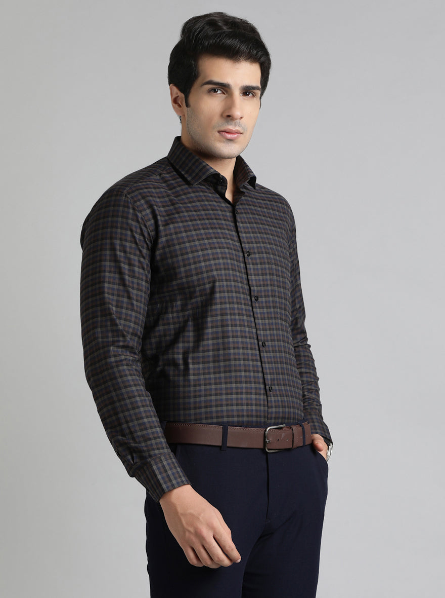 Brown & Blue Checked Slim Fit Formal Shirt | Greenfibre