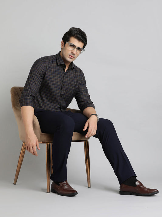 Brown & Blue Checked Slim Fit Formal Shirt | Greenfibre