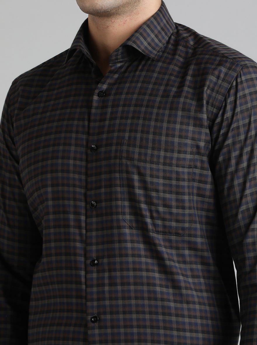 Brown & Blue Checked Slim Fit Formal Shirt | Greenfibre