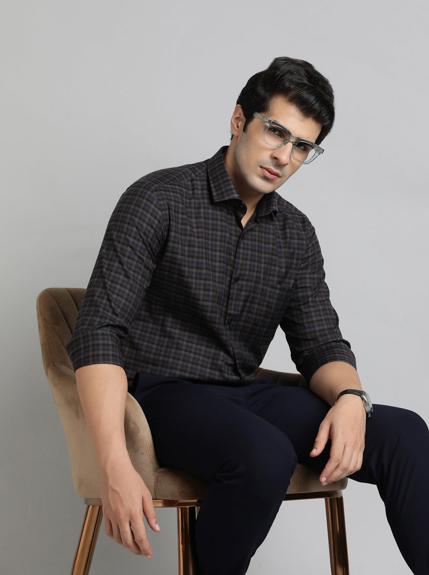 Brown & Blue Checked Slim Fit Formal Shirt | Greenfibre