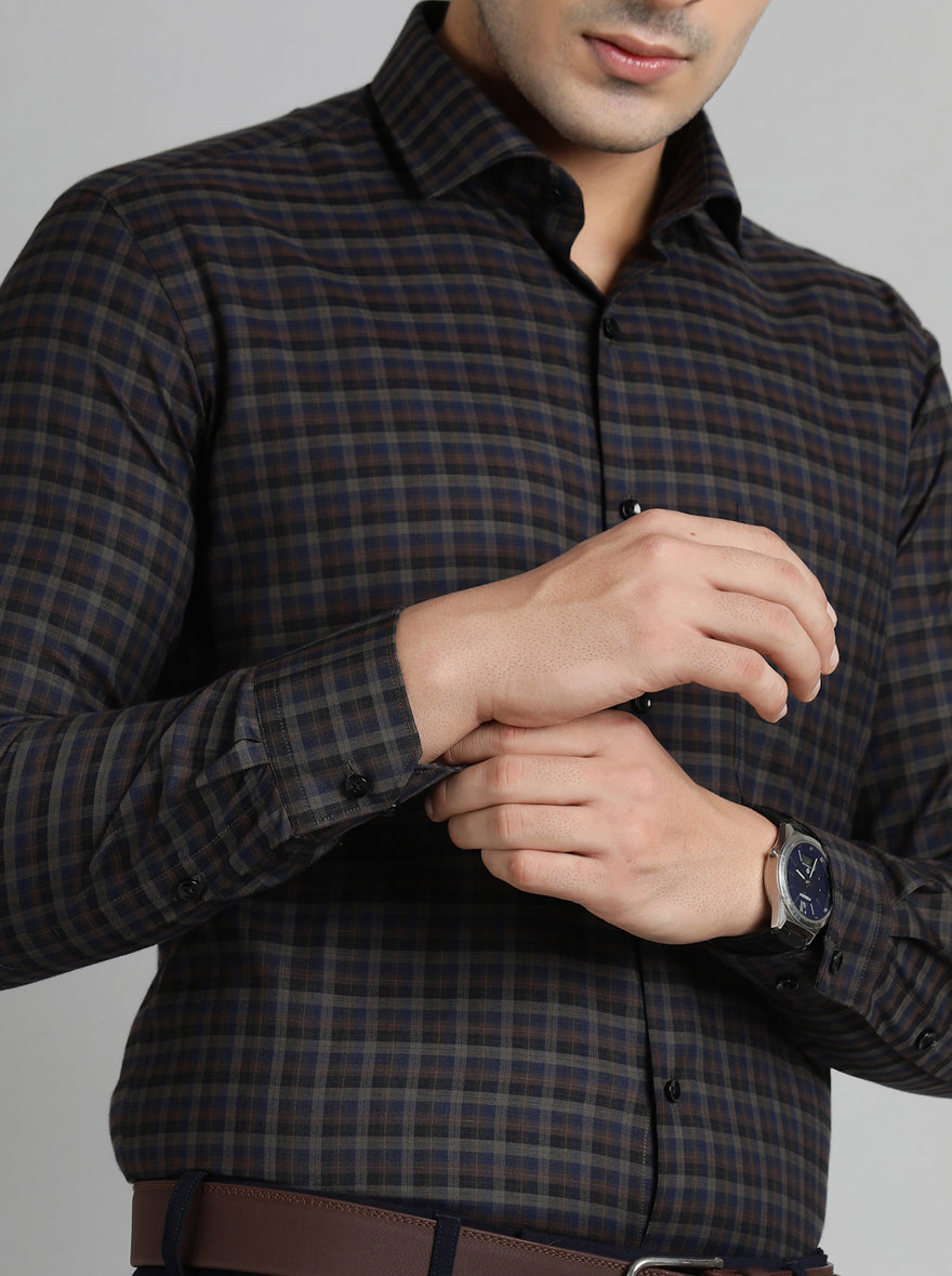 Brown & Blue Checked Slim Fit Formal Shirt | Greenfibre