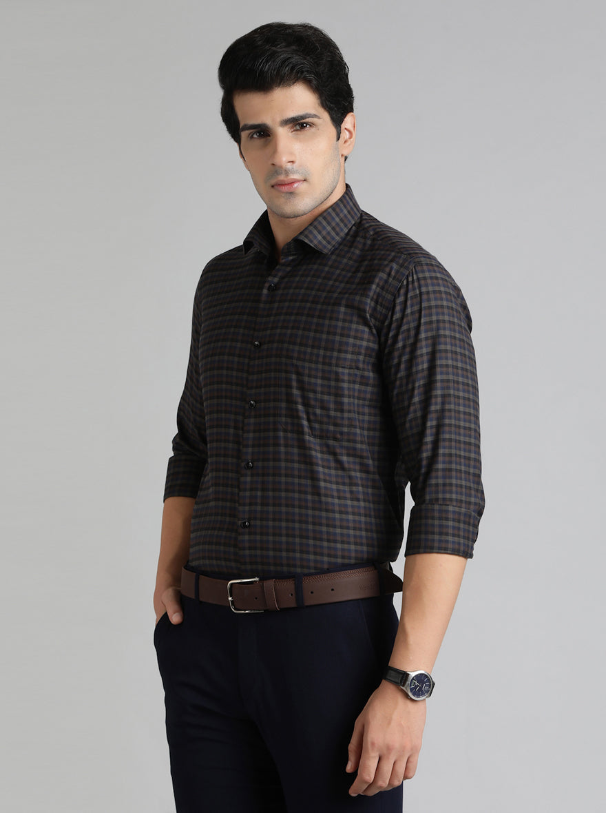 Brown & Blue Checked Slim Fit Formal Shirt | Greenfibre