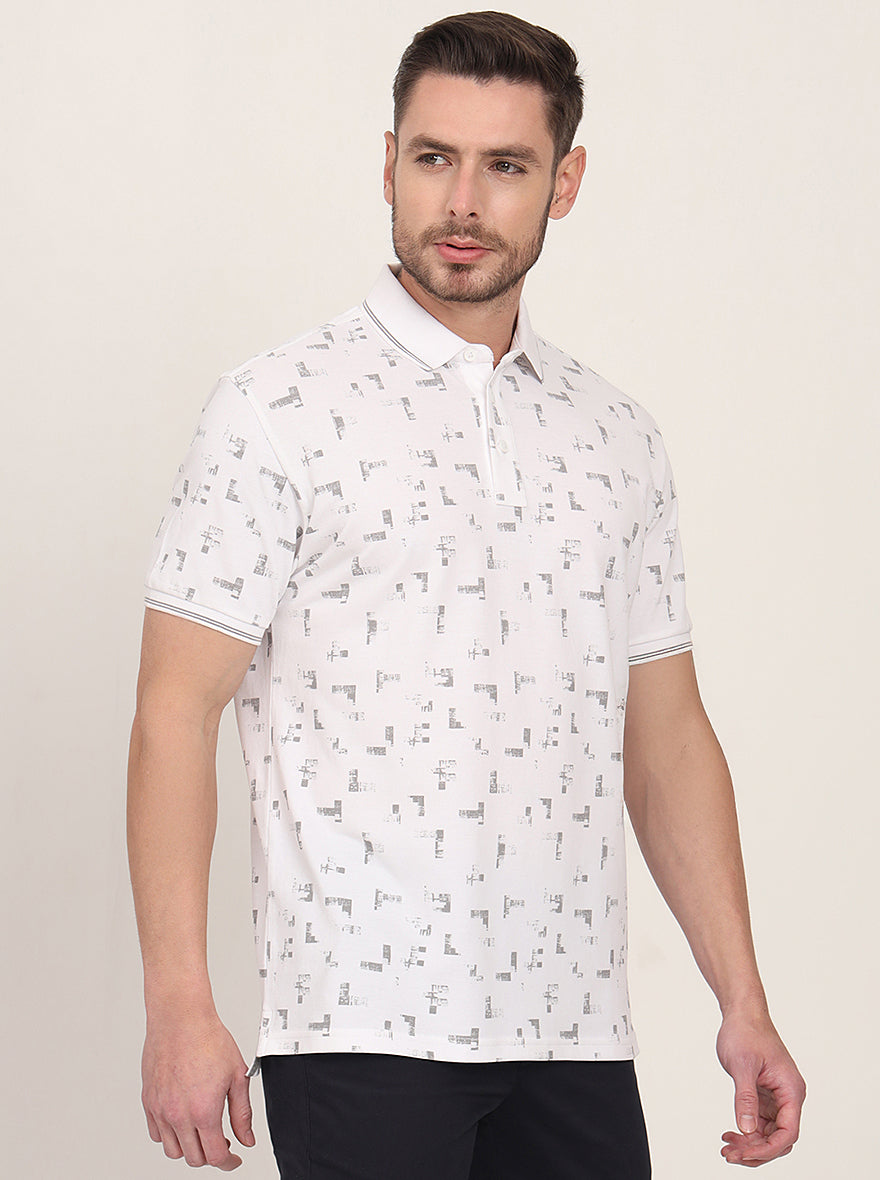 White Printed Slim Fit Polo T-Shirt | JadeBlue