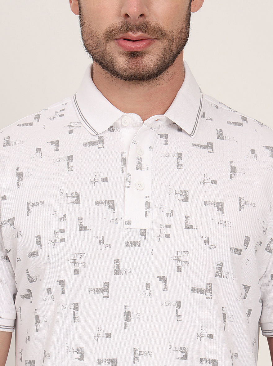 White Printed Slim Fit Polo T-Shirt | JadeBlue