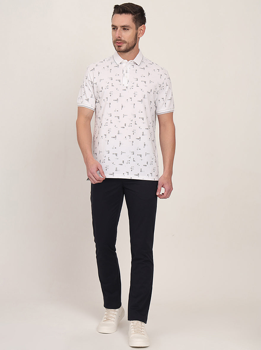 White Printed Slim Fit Polo T-Shirt | JadeBlue