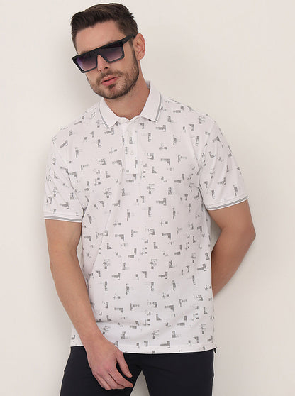 White Printed Slim Fit Polo T-Shirt | JadeBlue