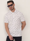 White Printed Slim Fit Polo T-Shirt | JadeBlue