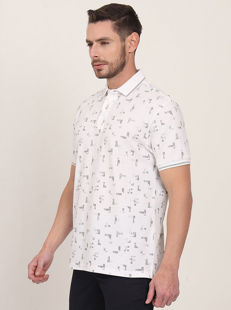 White Printed Slim Fit Polo T-Shirt | JadeBlue