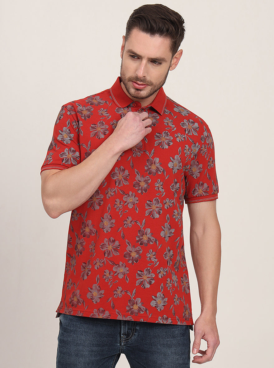 Rust Printed Slim Fit Polo T-Shirt | JadeBlue