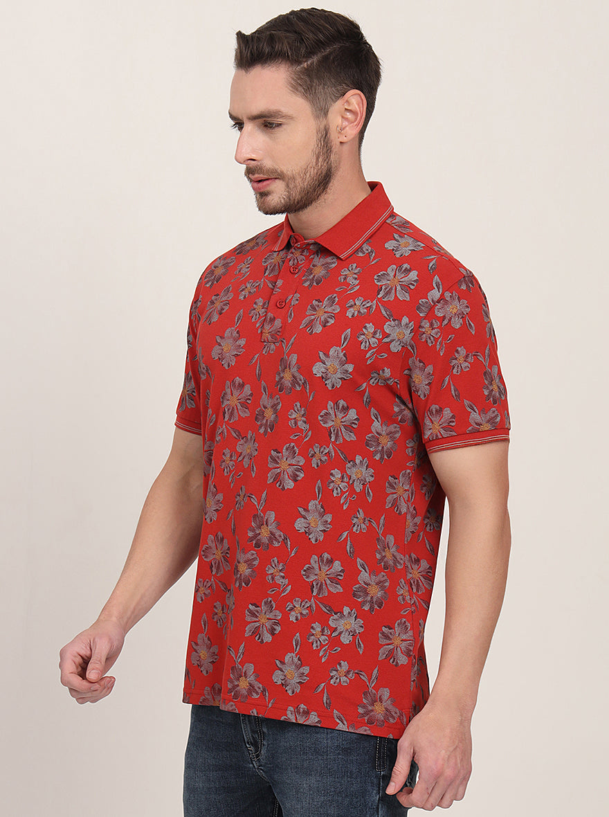 Rust Printed Slim Fit Polo T-Shirt | JadeBlue