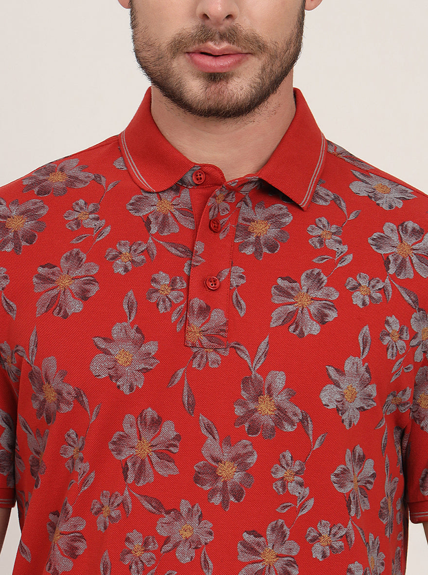 Rust Printed Slim Fit Polo T-Shirt | JadeBlue