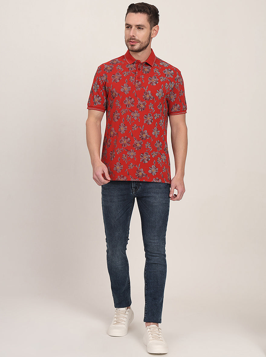 Rust Printed Slim Fit Polo T-Shirt | JadeBlue