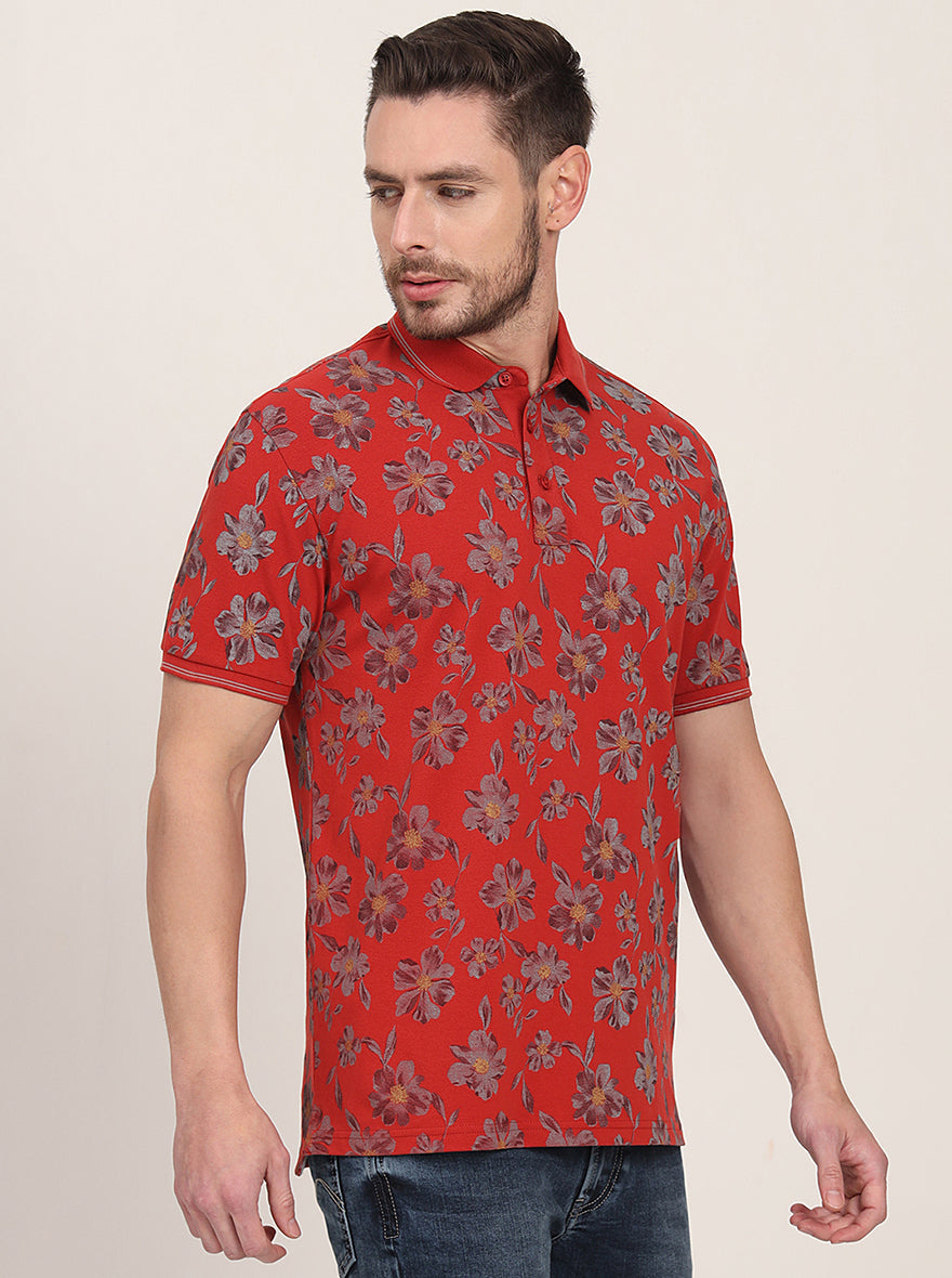 Rust Printed Slim Fit Polo T-Shirt | JadeBlue