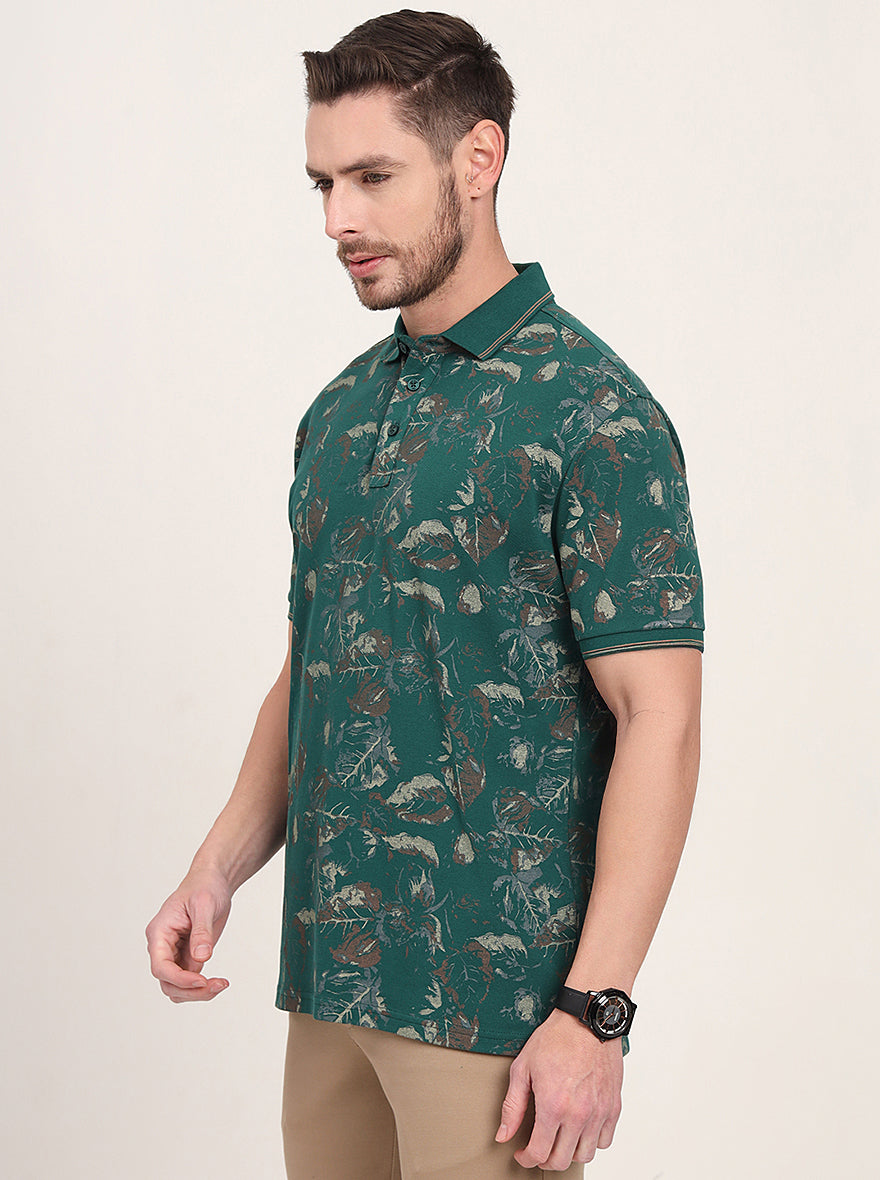 Bottol Green Printed Slim Fit Polo T-Shirt | JadeBlue