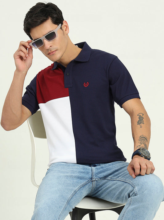 Navy Blue & White Striped Slim Fit Polo T-Shirt | Greenfibre