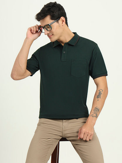 Bottle Green Solid Slim Fit Polo T-Shirt | Greenfibre