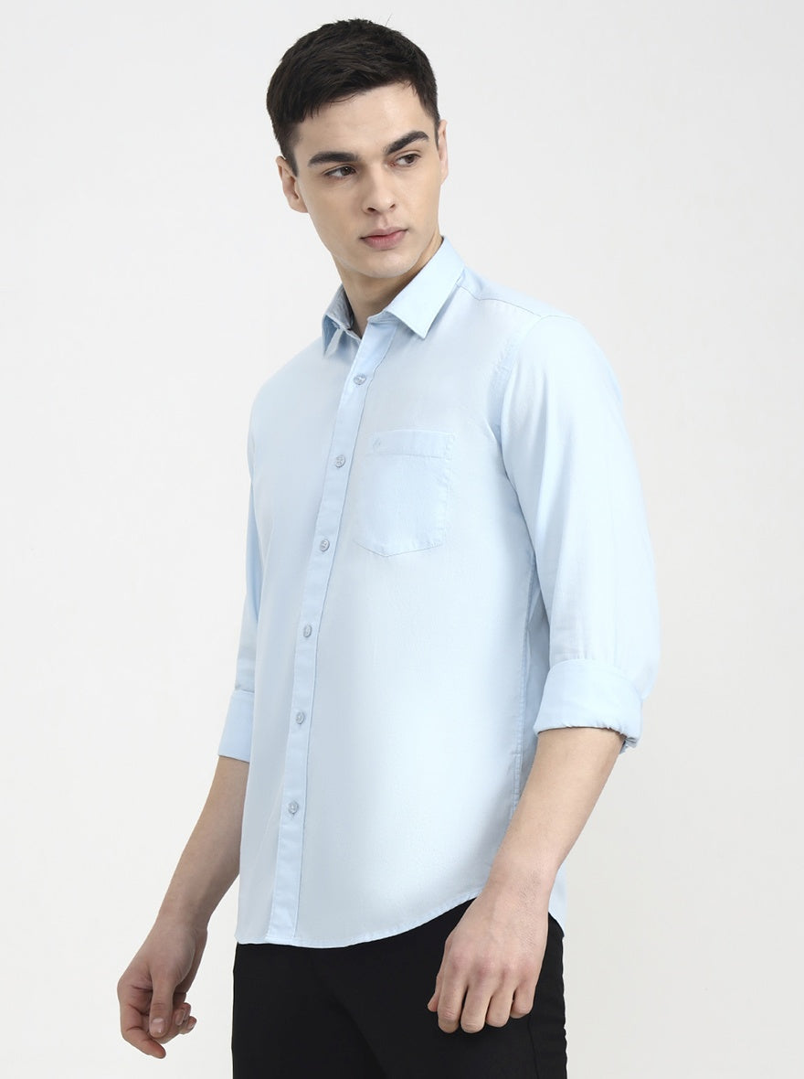 Aqua Blue Solid Smart Fit Semi Casual Shirt | Greenfibre