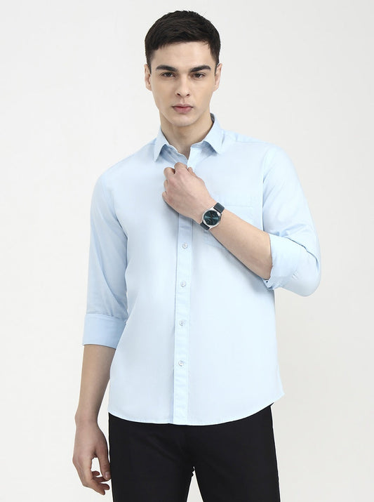Aqua Blue Solid Smart Fit Semi Casual Shirt | Greenfibre