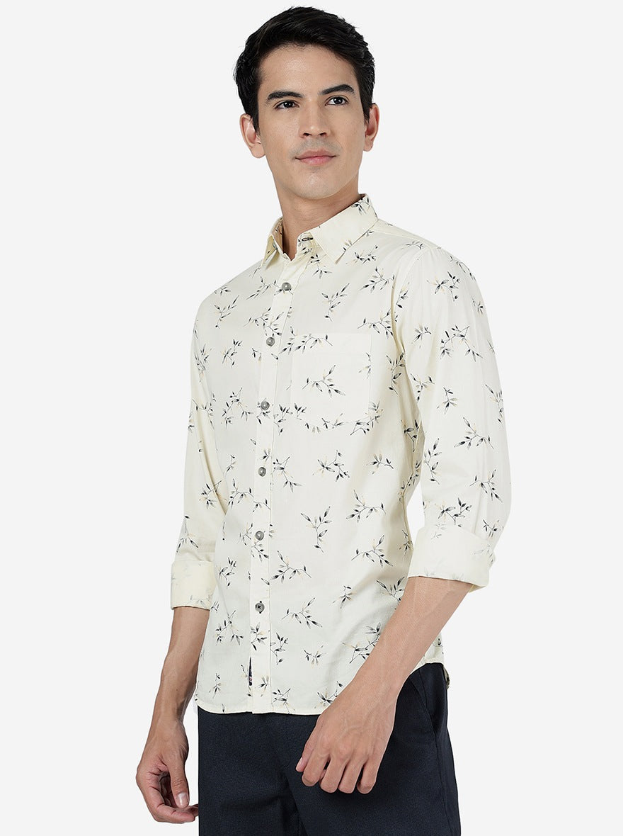 Off White Printed Slim Fit Casual Shirt | Greenfibre