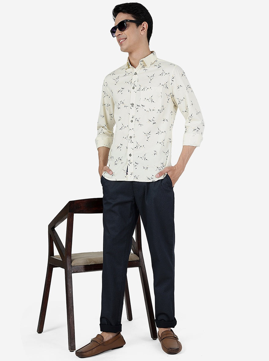 Off White Printed Slim Fit Casual Shirt | Greenfibre